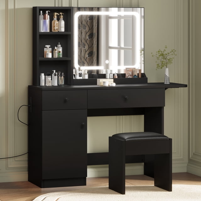 BeesClover Vanity Desk with Mirror & Light, Makeup Vanity Table with Charging Station, Large Storage Cabinet & 2 Drawers & 3 Open Shelves, 3 Lighting Modes Adjustable Brightness, Bedroom Dressing