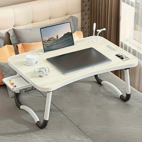Super Portable Laptop Bed Desk with Cup Holder And Drawers, Multifunctional Tray Holder with USB Fan And Light, Suitable for Eating, Reading, And Writing On The Bed, Sofa Floor