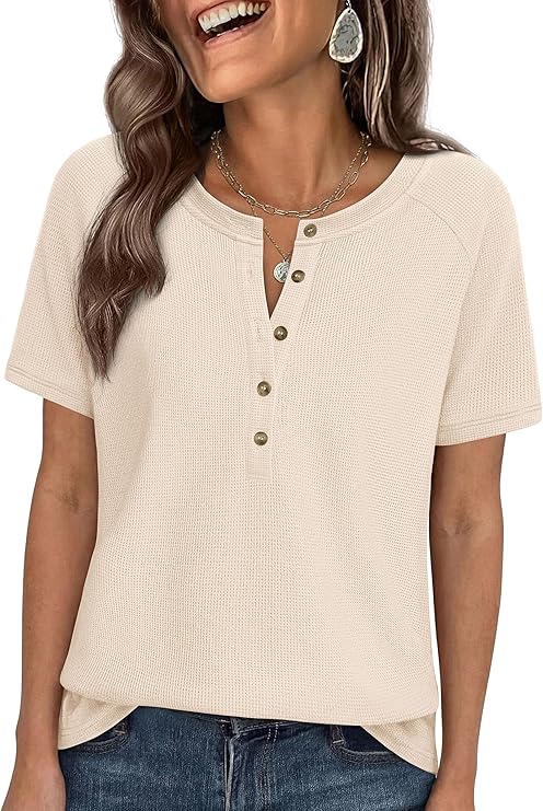 PRETTYGARDEN Waffle Knit Tops for Women Short Sleeve Henley Shirts Summer Blouses Dressy Casual Spring Fashion Clothes