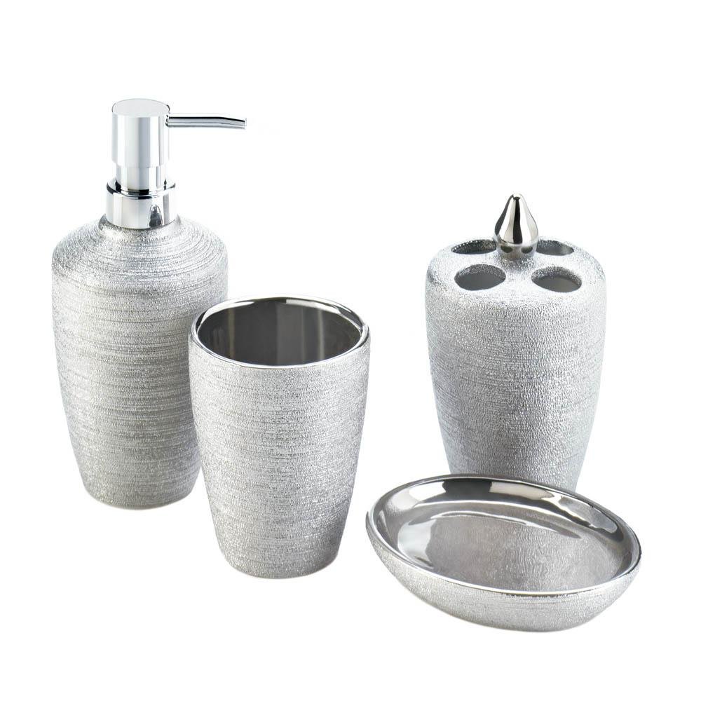 Bath Hand Soap Dispenser, Silver Shimmer 4-piece Ceramic Bath Set Accessories by Accent Plus