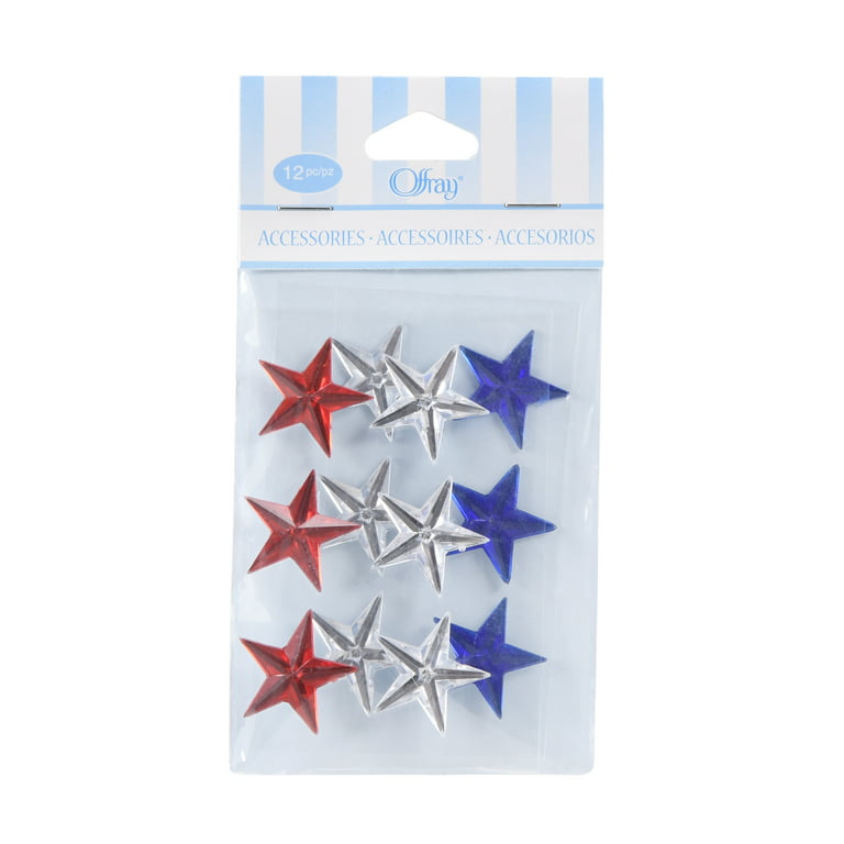 12pc Offray Star Adhesive Gems Craft Accessories 3/4 Red Blue & Silver