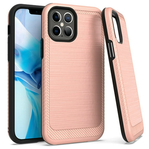 Kaleidio Case For iPhone 12 Pro Max (6.7") [Metallic Armor] Lightweight Hybrid [Shockproof] 2-Piece Carbon Fiber Accent Cover [Rose Gold/Black]