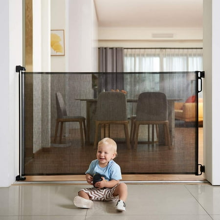 Easy Baby Products Extra Wide Indoor Outdoor Retractable Baby Gate, 33" Tall, Extends up to 71" Wide, Black