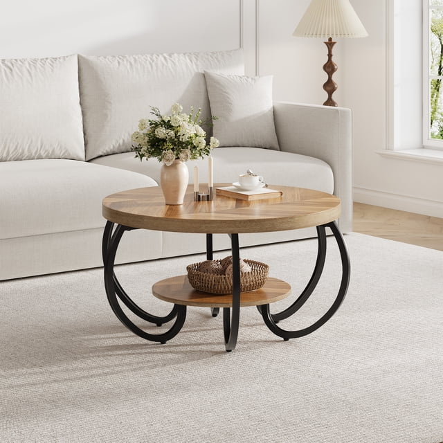 BeesClover Brun 30 Pouces Table Basse Industrielle Ronde avec 2 Niveaux – Pieds Réglables, Design à Grain de Bois et Tablette de Rangement pour Salon