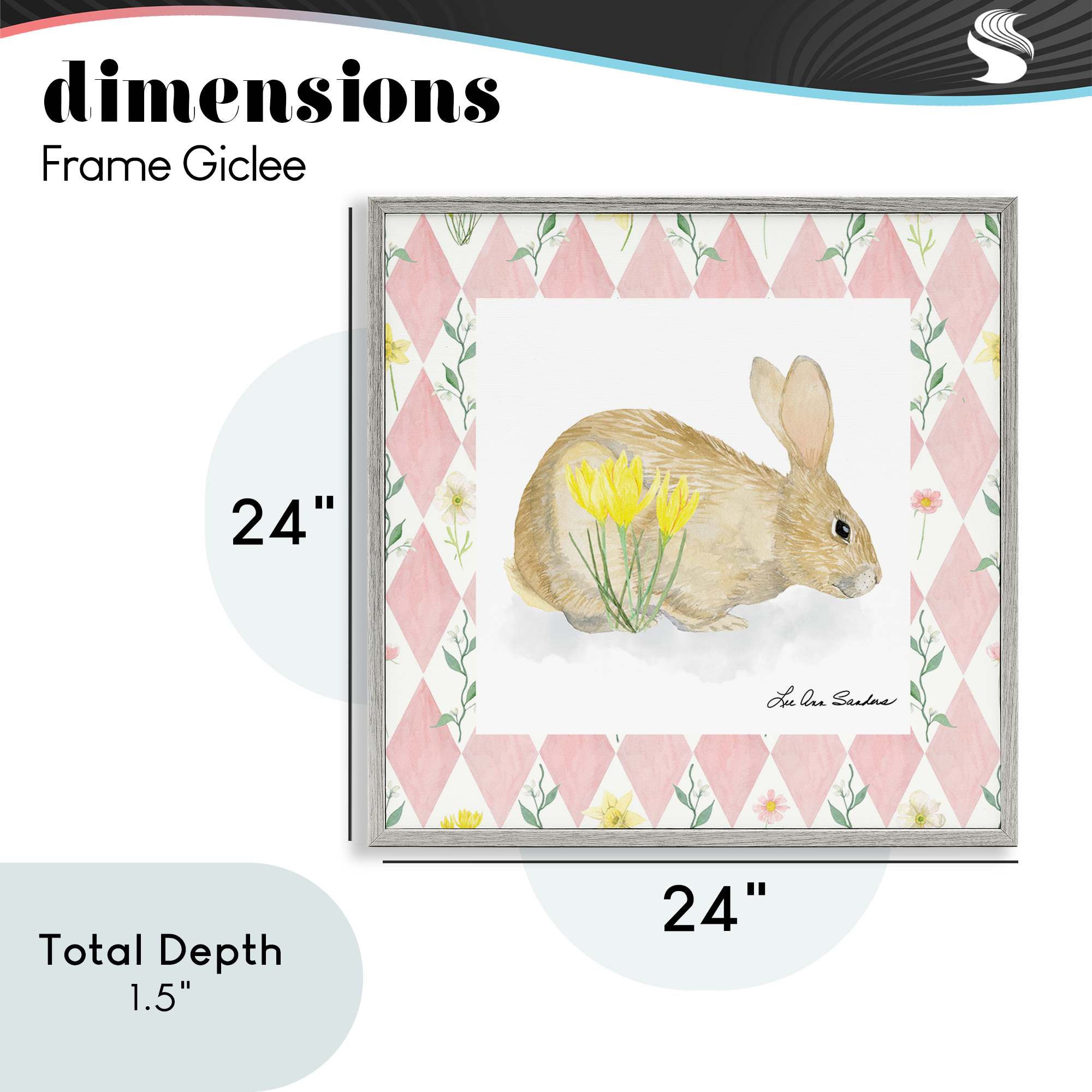 Buttercup Bunny on Pink Argyle Gray Framed Giclee Art, design by Lee Ann Sanders