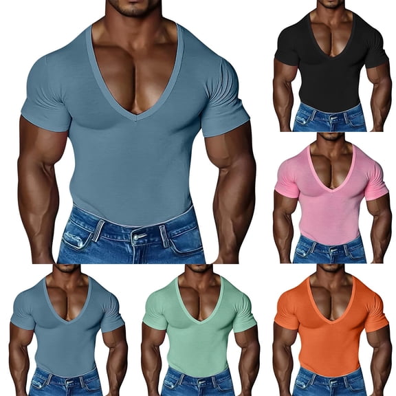 RYDCOT Men's Deep V Neck T-Shirts Ribbed Knit Slim Fit Muscle Big and Tall Short Sleeve Tee Shirts Summer Casual Low Cut Stretch Tops Pink