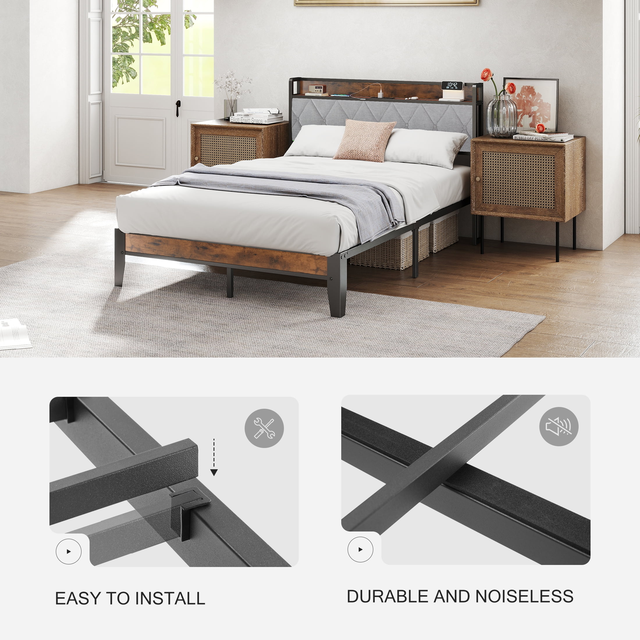 EDX Full Bed Frame with Headboard Integrated Charging Station, Spacious Underbed Storage, Simple No-Tool Assembly,  No Box Spring Required