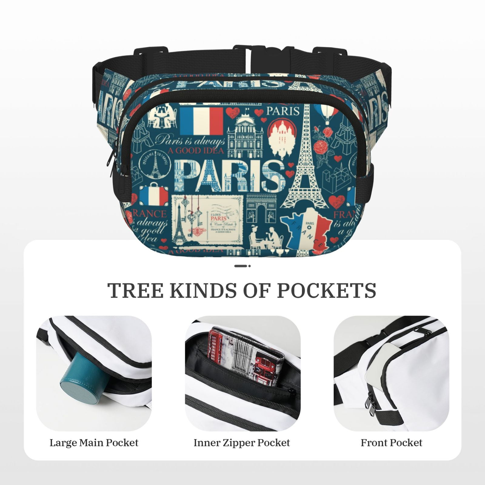 Picia France and Paris Print Square Double-Layer Waist Bag Mini Adjustable Waist Belt Bag Exercise Running Travel Hiking