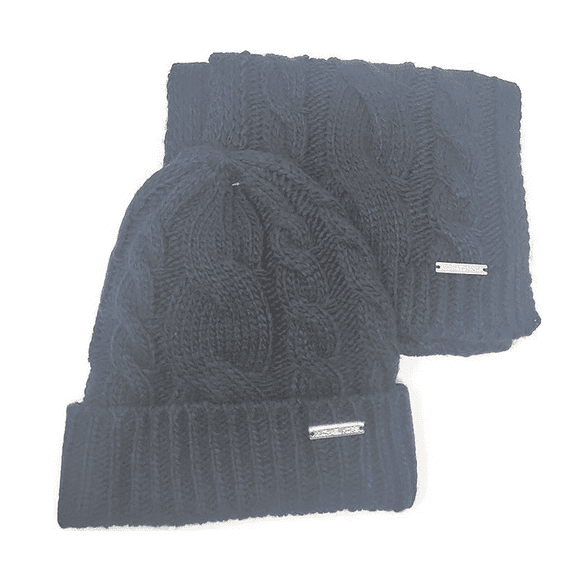 Michael Kors Women's Moving Cables Knit Scarf and Beanie Hat Set One Size Black