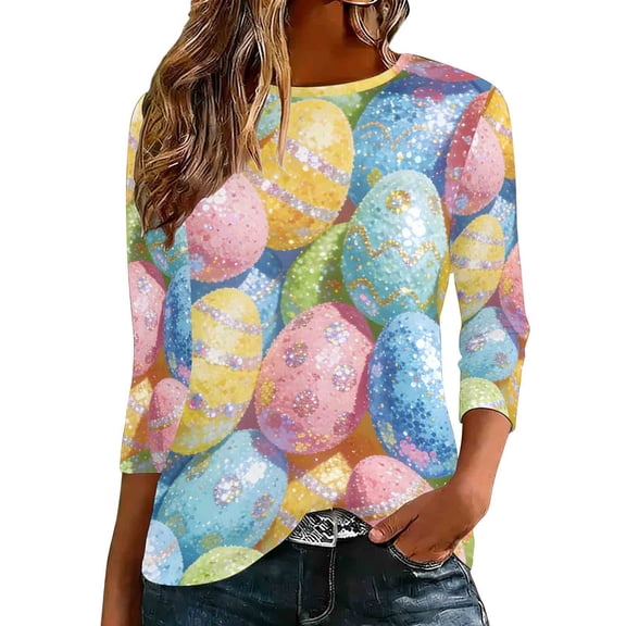 cocolona Womens Easter 3/4 Sleeve Shirts Cute Bunny T-Shirts Summer Crew Neck Tops Graphic Tees