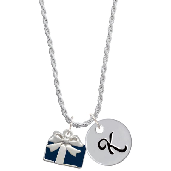 Delight Jewelry Silvertone Blue Present Silvertone Script Initial Disc - K - Charm Necklace, 20"+3"