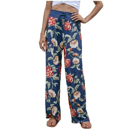 

Dadaria Cotton Boho Pants for Women Ladys High Waist Loose Pants Comfy Stretch Printing Wide Leg Pants Blue M Female