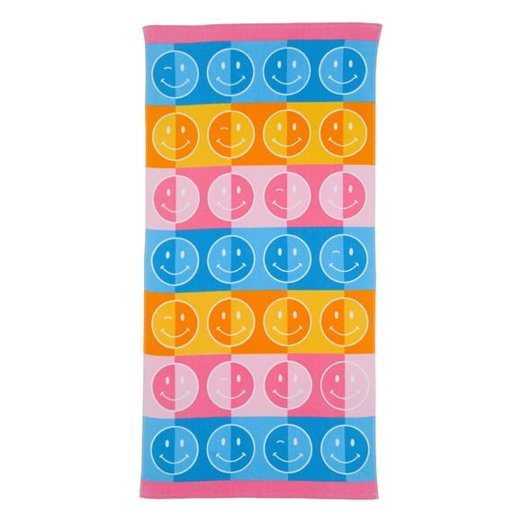 Serviette de plage à carreaux avec visages souriants Mainstays, 60 po x 30 po, rose, bleu et orange
