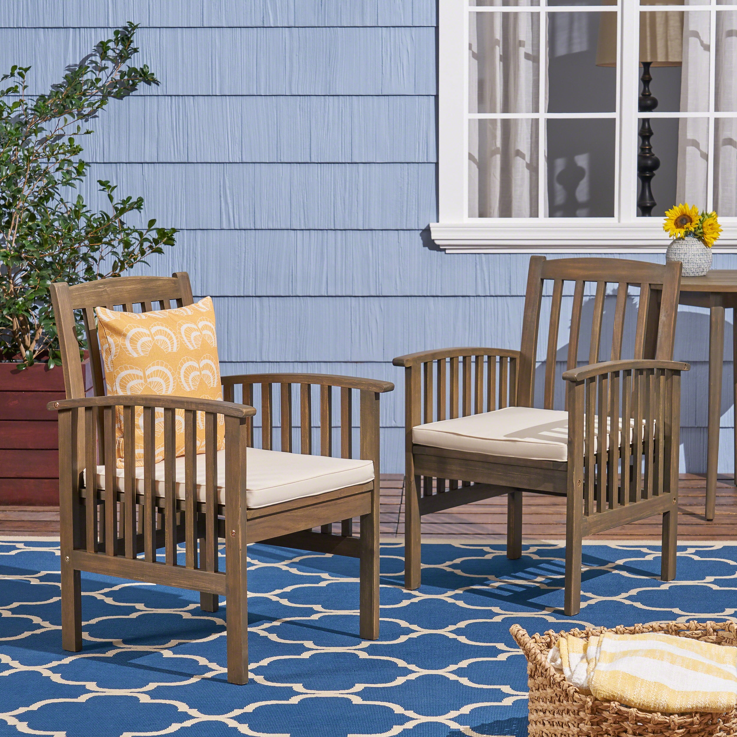Outdoor Cushioned Dining Chair Set of 2, Acacia Wood Frame Comfort Seats for Patio Garden, Gray and Cream