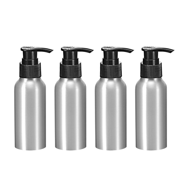 Botella de bomba de aluminio de 3.4oz/100ml con tapa de bomba, contenedor vacío recargable, botella de viaje 4 piezas