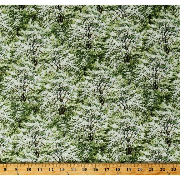 Cotton Flowering Trees Forest Woods Nature Landscape Spring Ahead Green Cotton Fabric Print by the Yard (D388.25)