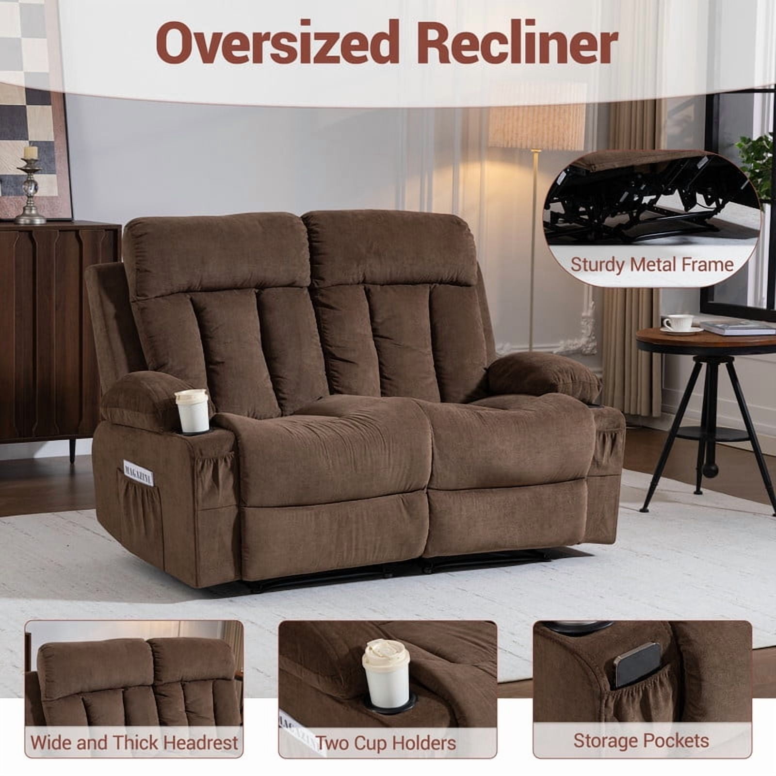 WENTUM Loveseat Recliner Sofa with Cup Holders, 2 Seat Manual Recliner Chair, reclining loveseat couch for Living Room, Home Theater, Small Spaces, Brown