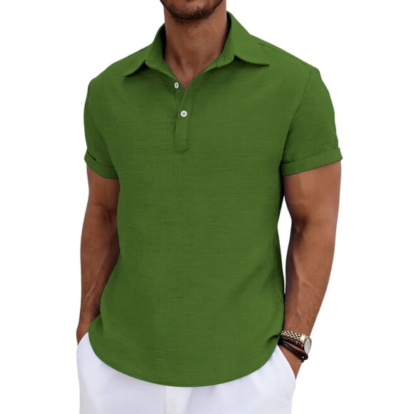cfhntfmh Mens Hawaiian Linen Shirt Short Sleeve Button Collared T-Shirts Casual Summer Beach Vacation Tops Trendy Clothes