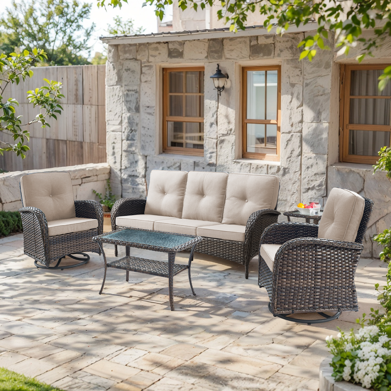 Bellefurn 5 Pieces Patio Furniture Sets with Outdoor Swivel Rocker Chairs Rattan 3-Seater Sofa and Coffee Table,Outdoor Conversation Set for Porch Deck Backyard Poolside