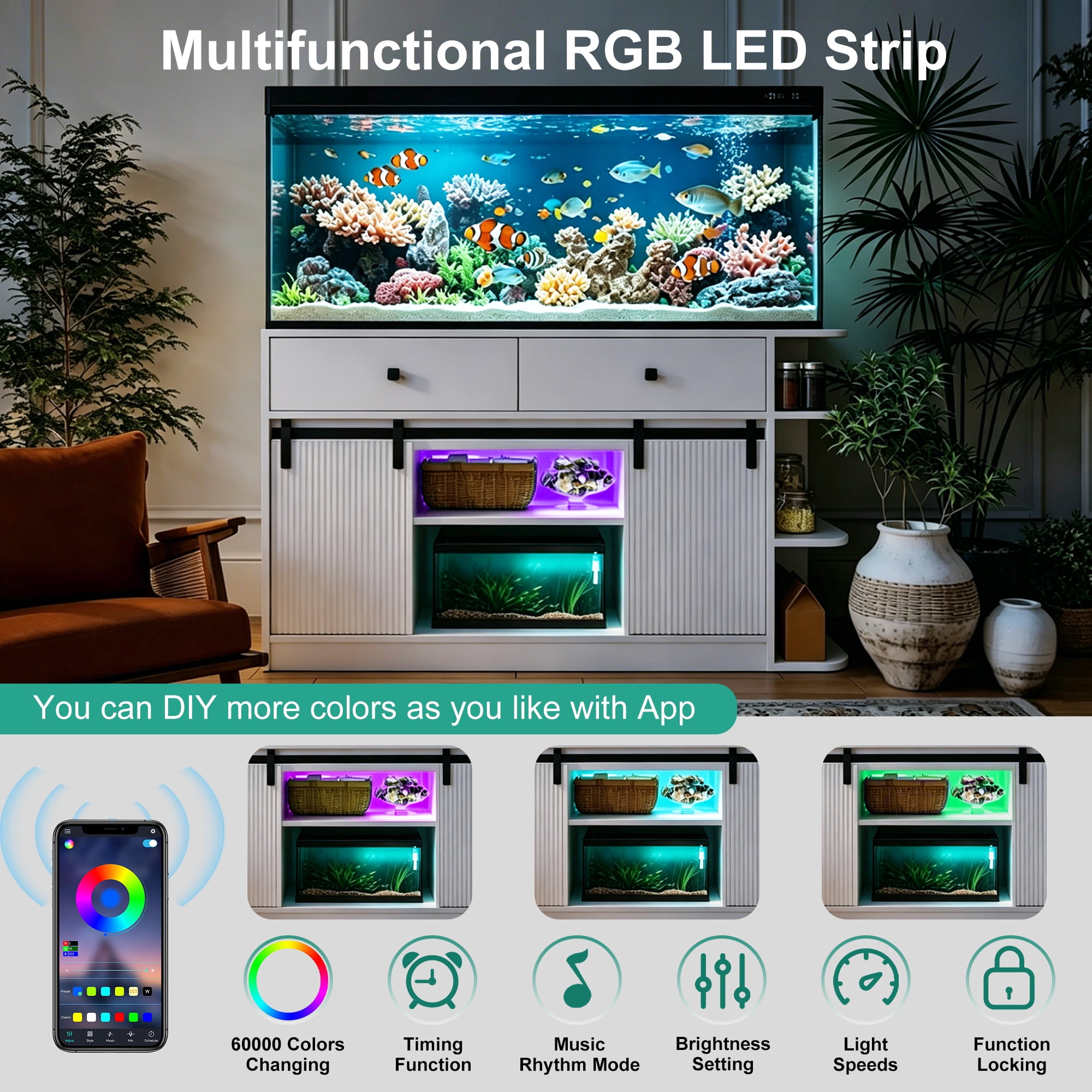 Mintazer 55-75 Gallon Fish Tank Stand with LED Light & Charging Station, 55" Aquarium Stand with Storage & Sliding Doors, Heavy Duty Tank Stand for 2 Fish Tank Terrarium, 1200lbs, White