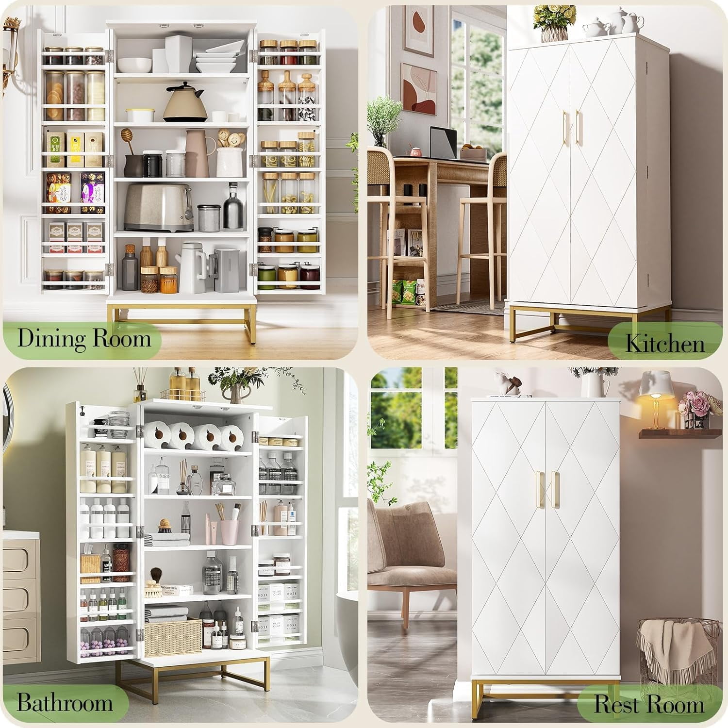 ModFurne Pantry Cabinet, 51.18” Tall Kitchen Storage Cabinet with Adjustable Shelves and Gold Metal Base – Ideal for Kitchen, Living Room & More
