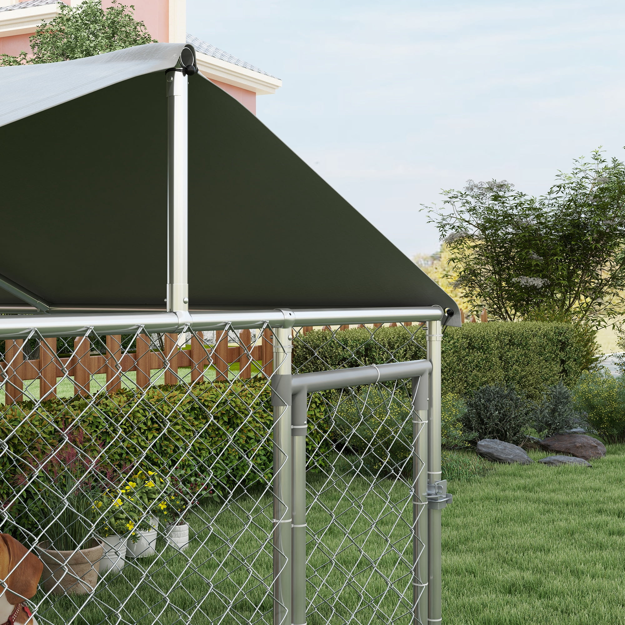 Large Outdoor Dog Kennel, Heavy Duty Galvanized Chain Link Dog Run with Waterproof Cover & Secure Lock