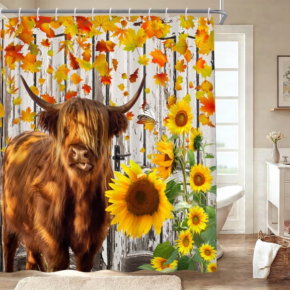 Funny Highland Cow Shower Curtain Sunflower Wooden Farmhouse Bathroom Curtain Rustic Country Fabric Bath Decor Blue 72 x 72 Inches