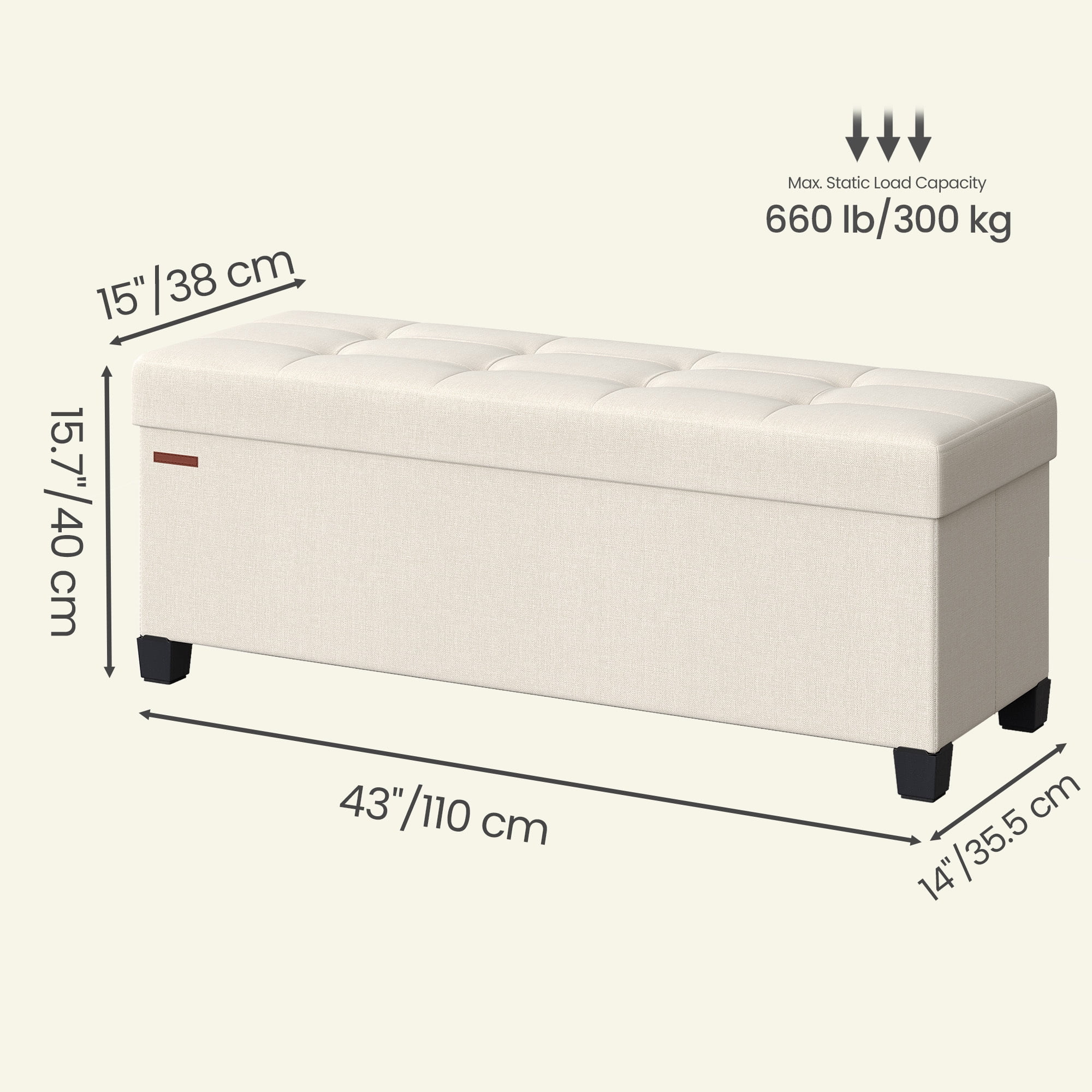 Ledrem Luxury Folding Storage Ottoman Bench with Footrest, Cream White, 43" Large