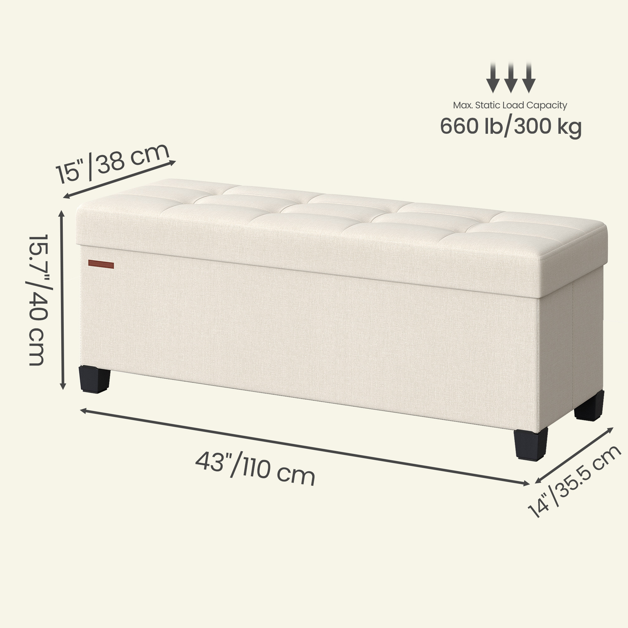 Ledrem Luxury Folding Storage Ottoman Bench, Cream White, 43 Inch photo 6