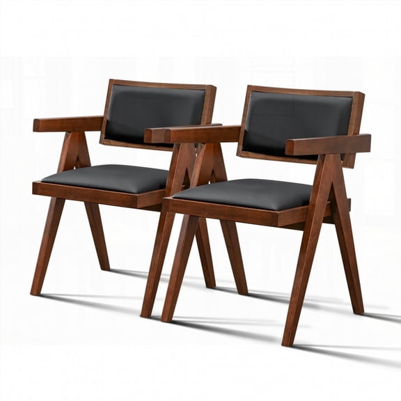 Mid-Century Modern Solid Wood Dining Chairs - 2-Pack Black Vegan Leather
