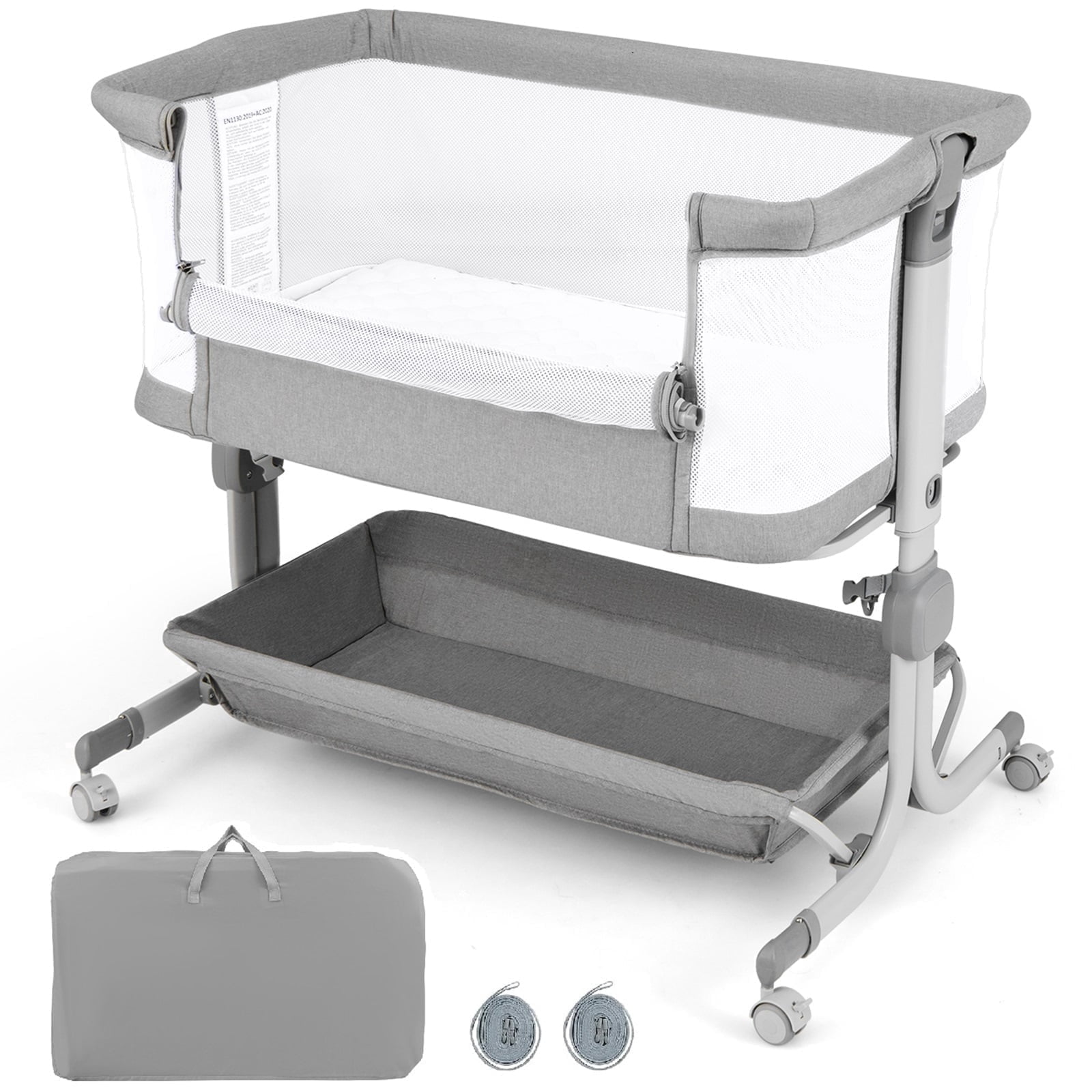 OLAKIDS 3-in-1 Baby Bassinet, Bedside Sleeper with Comfy Mattress, Wheels, 6-Height Adjustable, Storage Basket, Travel Bag, Portable Mesh Crib, Gray