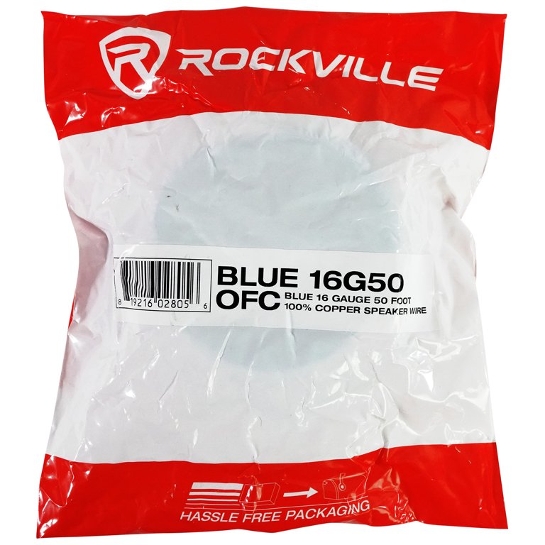 Rockville Blue 16G50 OFC 16 Gauge 50 Foot 100% Copper Speaker Wire Car Audio