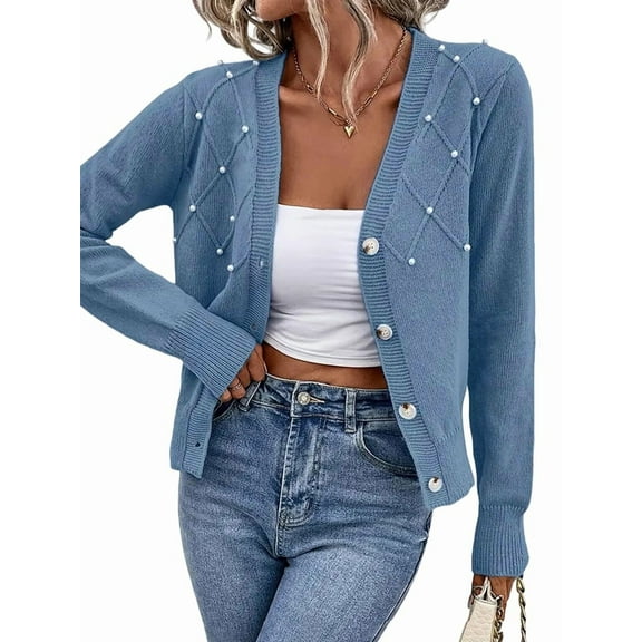 Women'S Pearl Trimmed Button Up Cardigan, Fashionable and Versatile Knitted V-Neck Long Sleeved Sweater Blue M