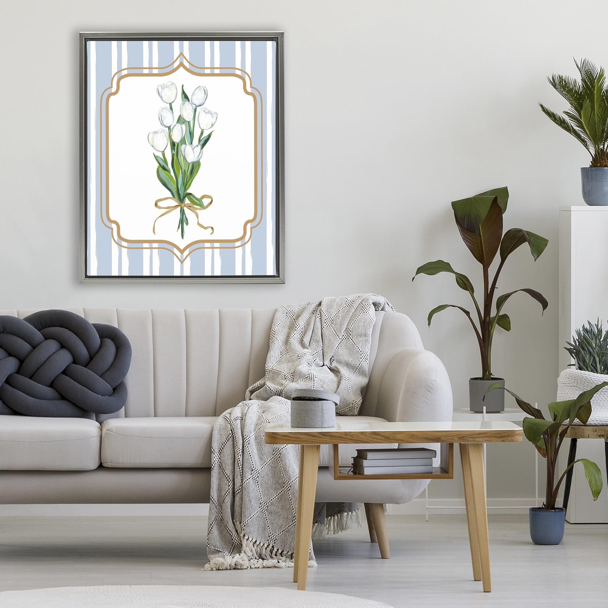 White Tulip Bouquet & Stripes Gray Framed Floater Canvas Wall Art, design by Adonna Ebrahimi