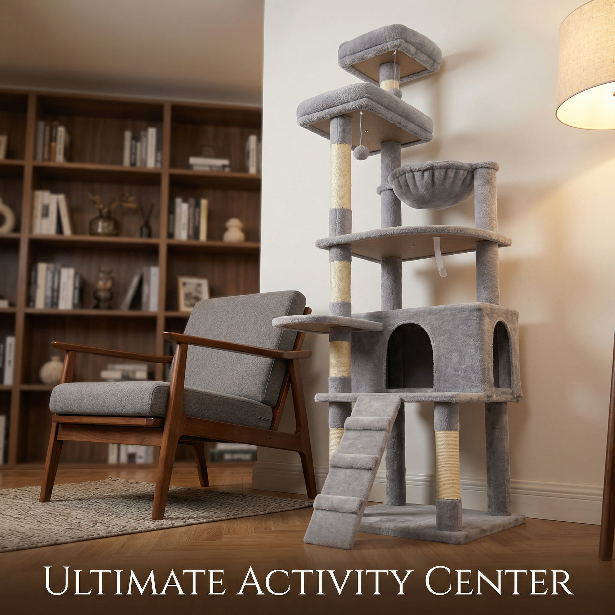 71in Tall Multi-Level Cat Tree with Hammocks, 2 Top platform, Cat Cave, Scratching Posts, Plush Cat Tower for Indoor Cats, Perfect for Multiple Cats