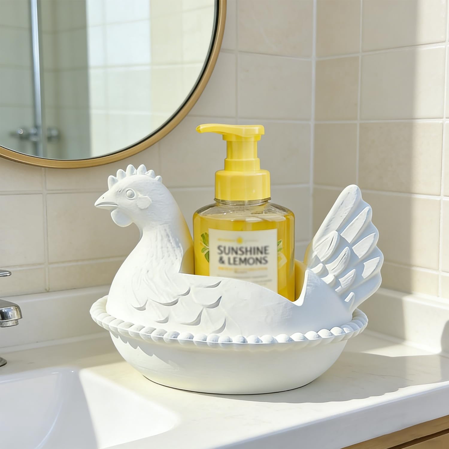 Hen on Nest Soap Holder for Bath & Body Works Foaming Hand Soap, Farmhouse Chicken Soap Dispenser Stand, Bathroom Soap Holder, 3D Decorative Countertop Tray for Kitchen & Bathroom Sink