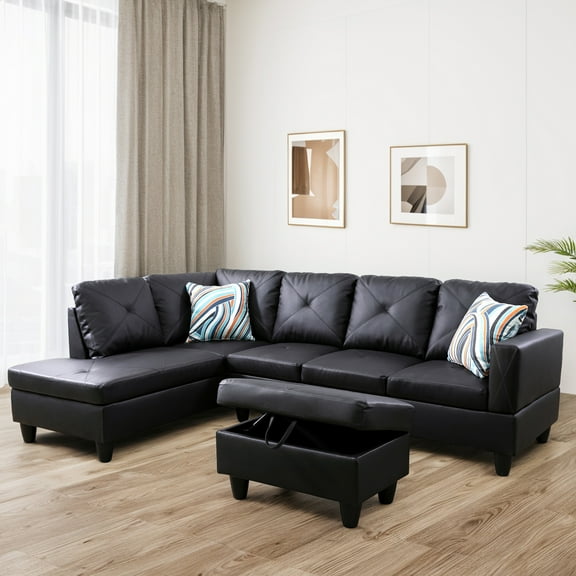 WRTEYEUI Convertible Sectional Sofa Couch, Faux Leather 4 Seat L-Shaped Sofa Set Modular Sofa Sleeper for Home, Living Room and Office, Diamond Pattern, Ginger, Left