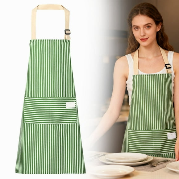 Tablier en Coton et Lin à Rayures Vertes 28x26 Pouces, Tablier de Cuisine Sans Manches Résistant aux Taches avec Deux Poches, Tablier Ajustable pour Cuisiner Pâtisserie Grillades Travail, Tissu Doux Lavable en Machine