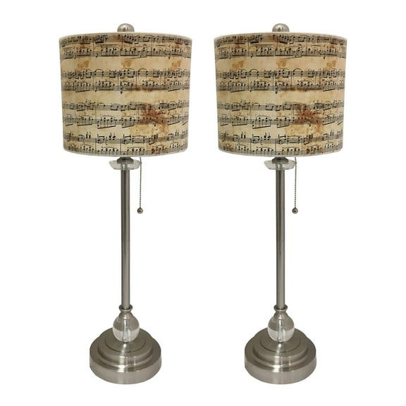Royal Designs 28" Crystal and Brushed Nickel Buffet Lamp with Musical Notes Design Hardback Lamp Shade, Set of 2