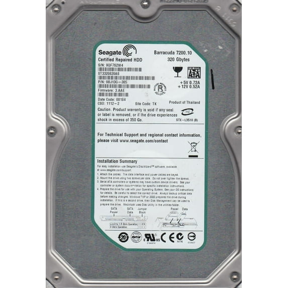 ST3320820AS, 9QF, TK, PN 9BJ13G-305, FW 3.AAE, Seagate 320GB SATA 3.5 Hard Drive