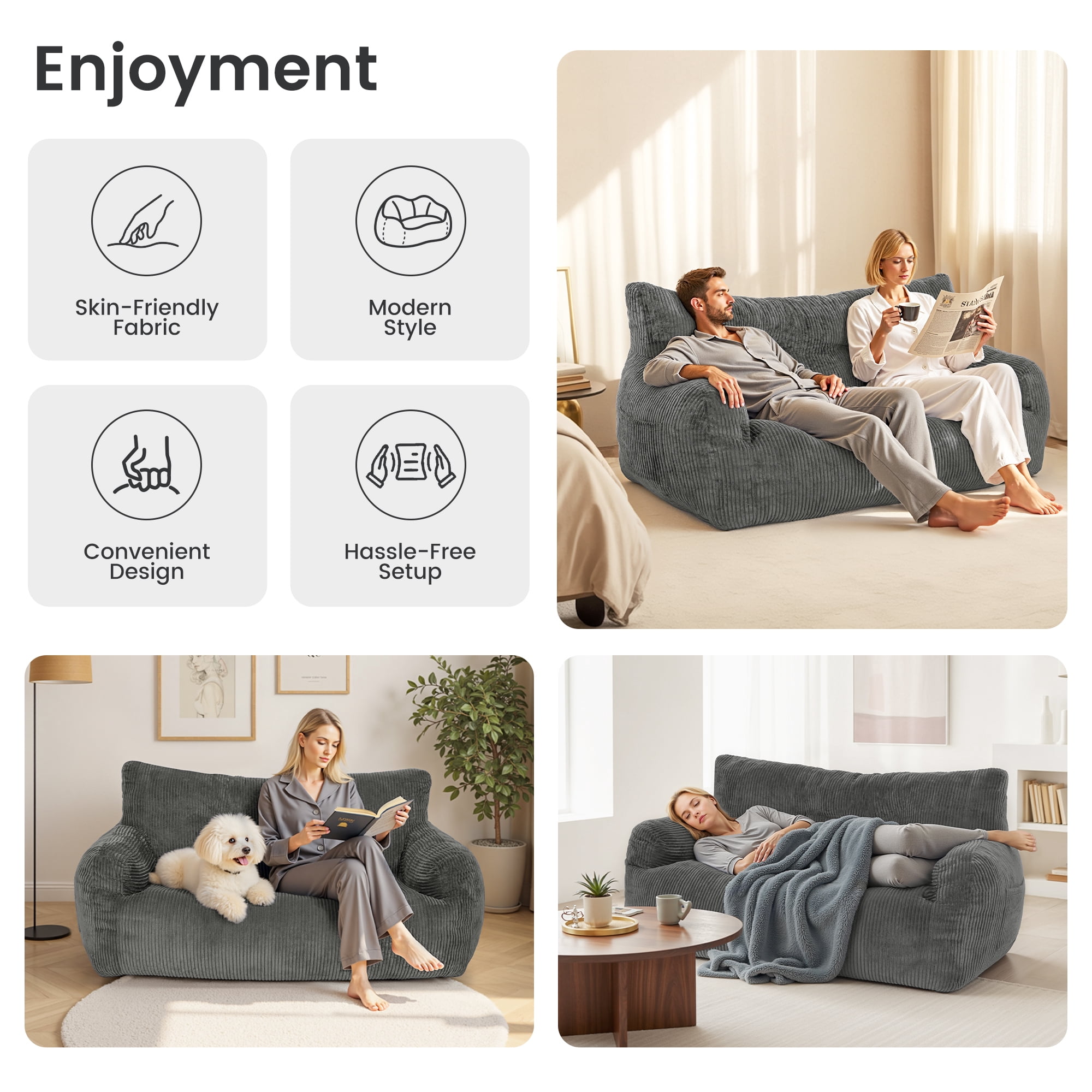 PamapicLife 2-Person Chill Plush Corduroy Bean Bag Sofa, Gray