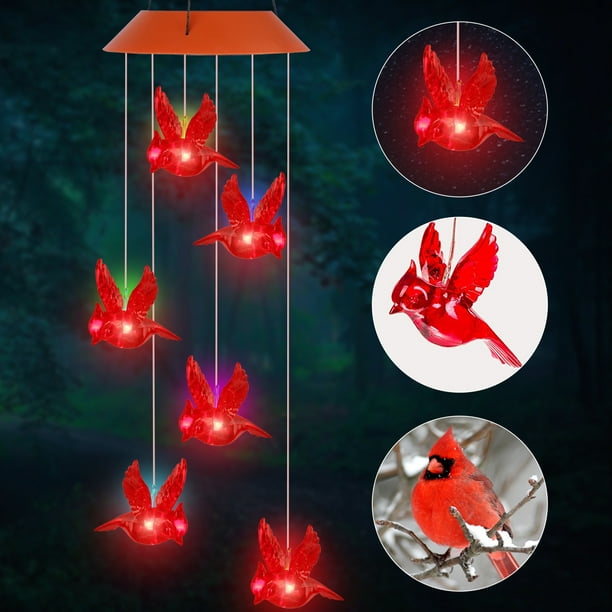 TSV Solar Powered Wind Chimes Light, Cardinal Red Bird Wind Belles