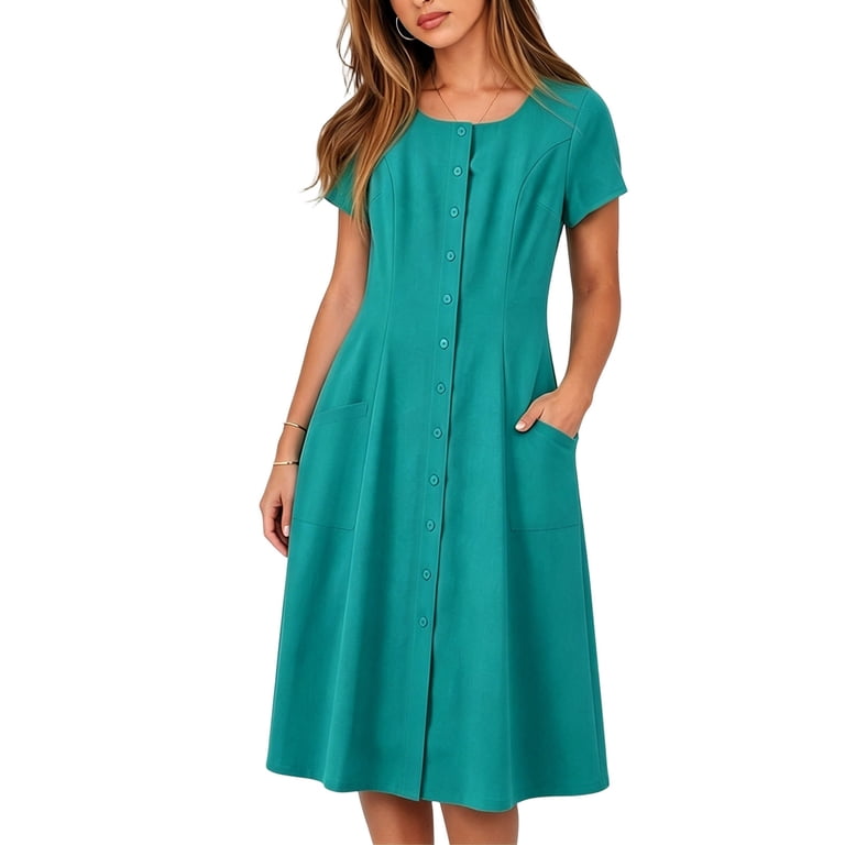 solid color fit and flare dress Yangnuo Women's Summer Solid Color Fit and Flare Dress, Ladies' Round Neck Short Sleeve A-Line Midi Dress with Pockets, Size: XL