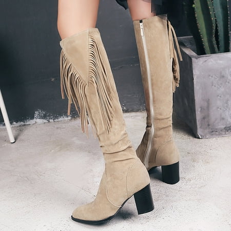 

Tejiojio Fall Clearance Women s Shoes Fashion Retro Solid Color Ethnic Style Suede Fringed Female High Boots