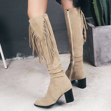 

Herrnalise Women s Shoes Fashion Retro Solid Color Ethnic Style Suede Fringed Female High Boots Clearance