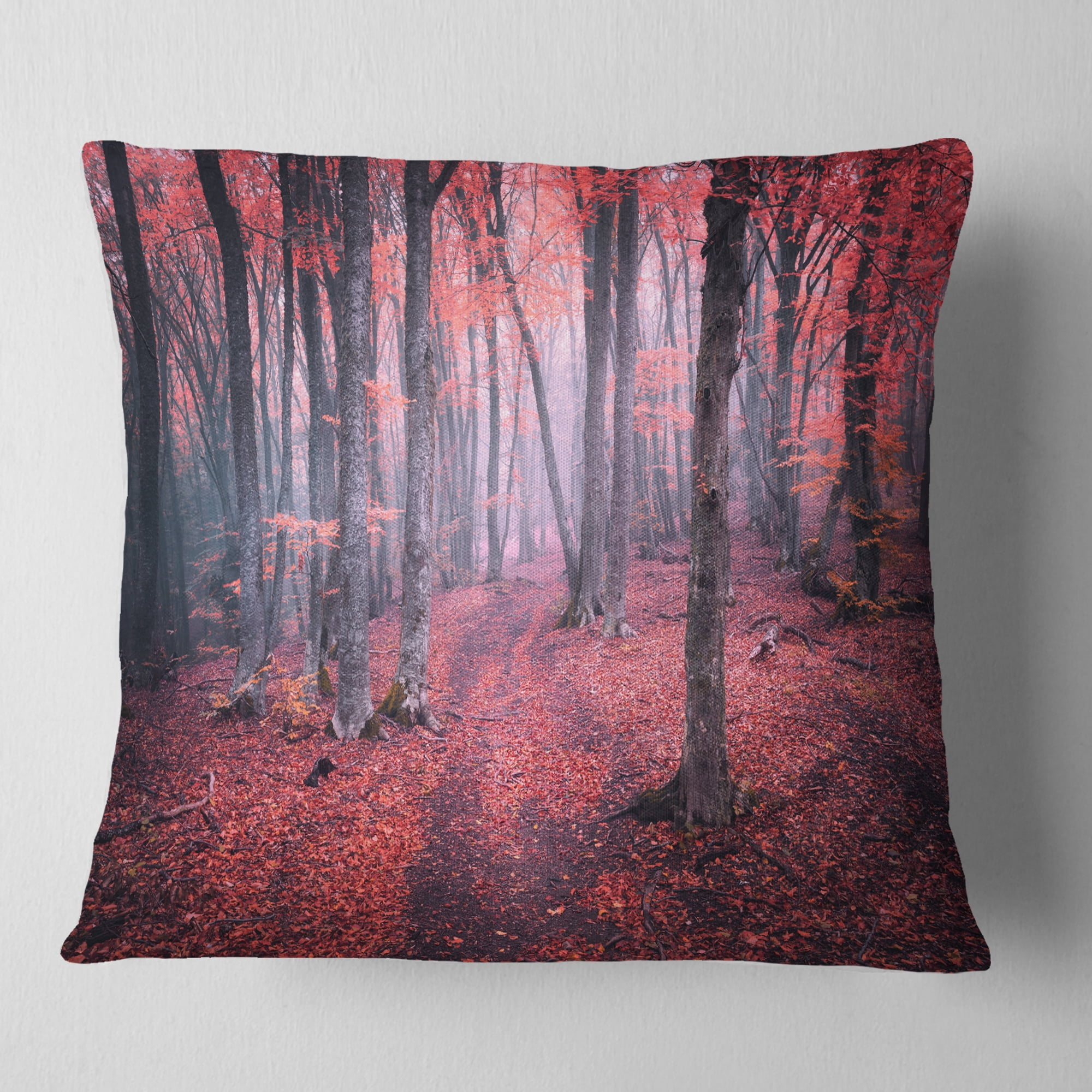 Designart Mysterious Fairytale Red Wood - Landscape Photography Throw Pillow - 16x16