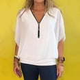thumbnail image 2 of Holzkary Womens Half Zip V Neck Shirt Summer Half Sleeve Shirts Casual Loose Top Blouses T Shirts Women's Chiffon Zipper Neck Casual Top Style Bat Sleeve Loose Casual T Shirt White Xxl, 2 of 6