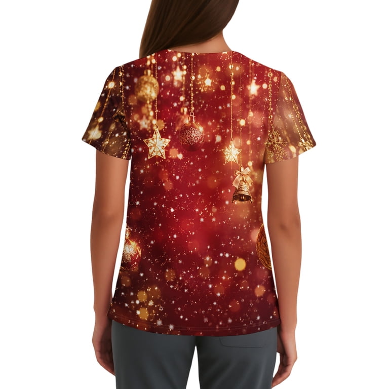 Printed Scrub Tops Women Short Sleeve V Neck Christmas Scrub Top Cute ...