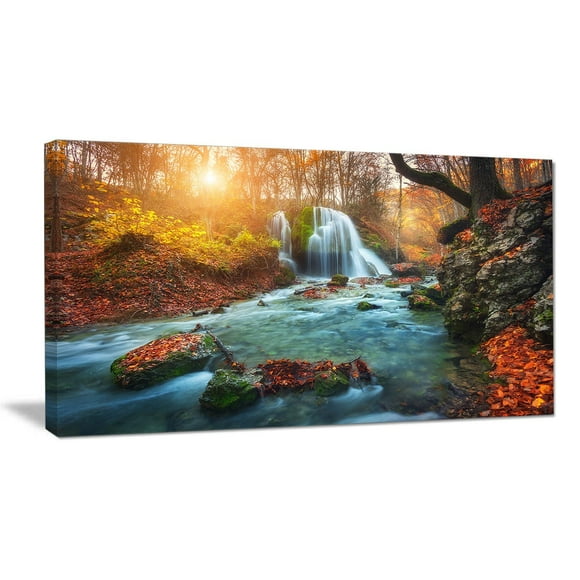 Design Art Fast Flowing Fall River in Forest Landscape Photo Canvas Art Print