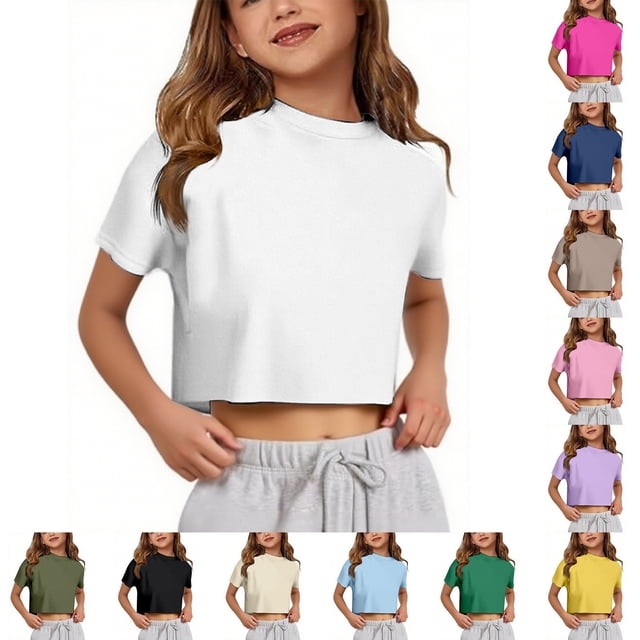 Girls Crop Tops Short Sleeve T-Shirts for Girl Crew Neck Basic Tee